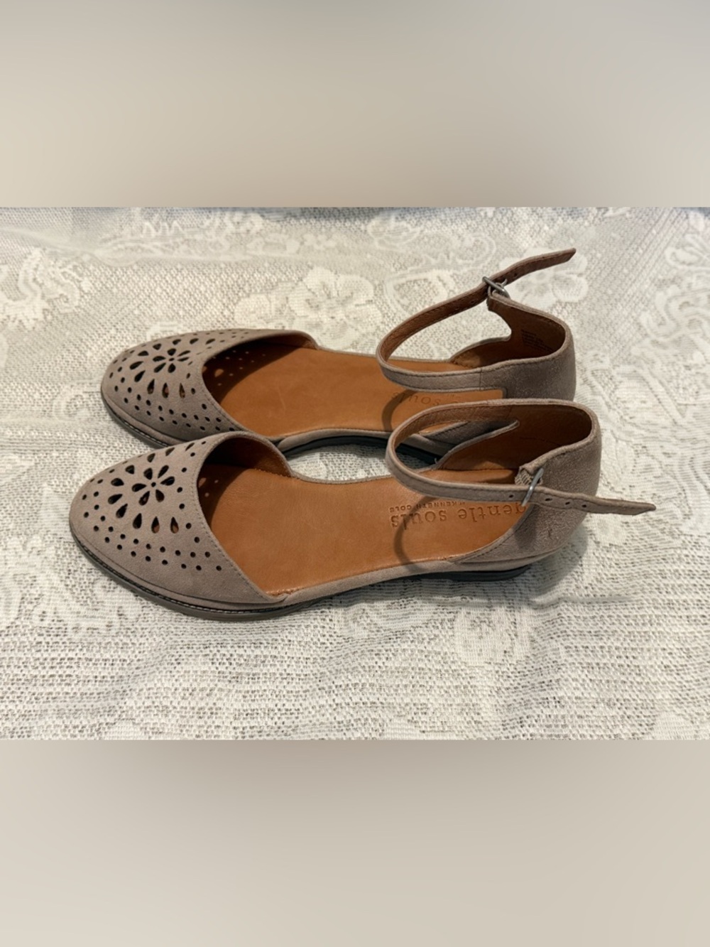 gentle souls by Kenneth Cole Taupe Suede Perforated Ankle-Strap Wedges - Picture 4 of 9